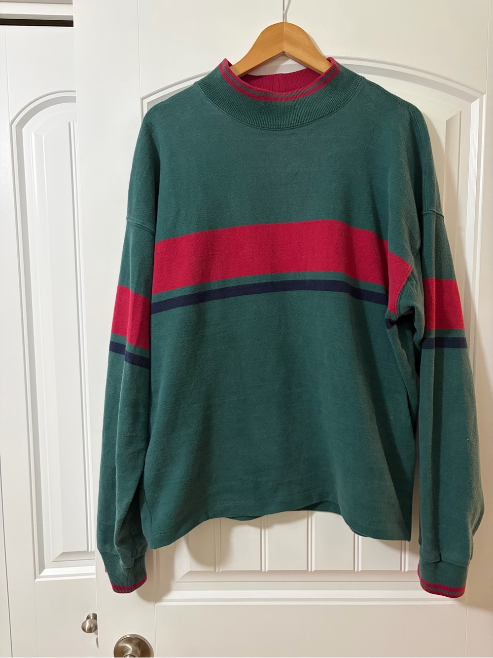 Vintage LL Bean Green and Red Striped Mockneck Cotton Sweater
